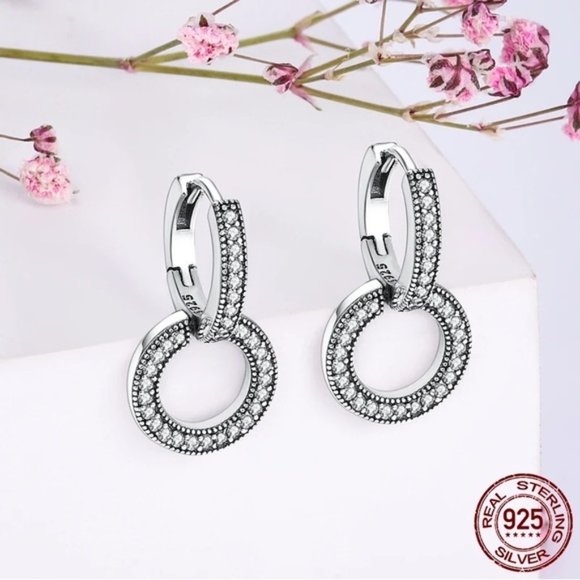 925 Sterling Silver Sparkling Double Cubic Zircon Round Hoop Earrings - Picture 8 of 9